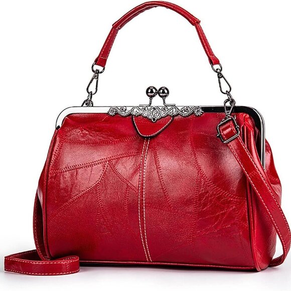 Handbags - Women Vintage Leather Crossbody Bag Clutch Satchel with Kiss Lock Closure